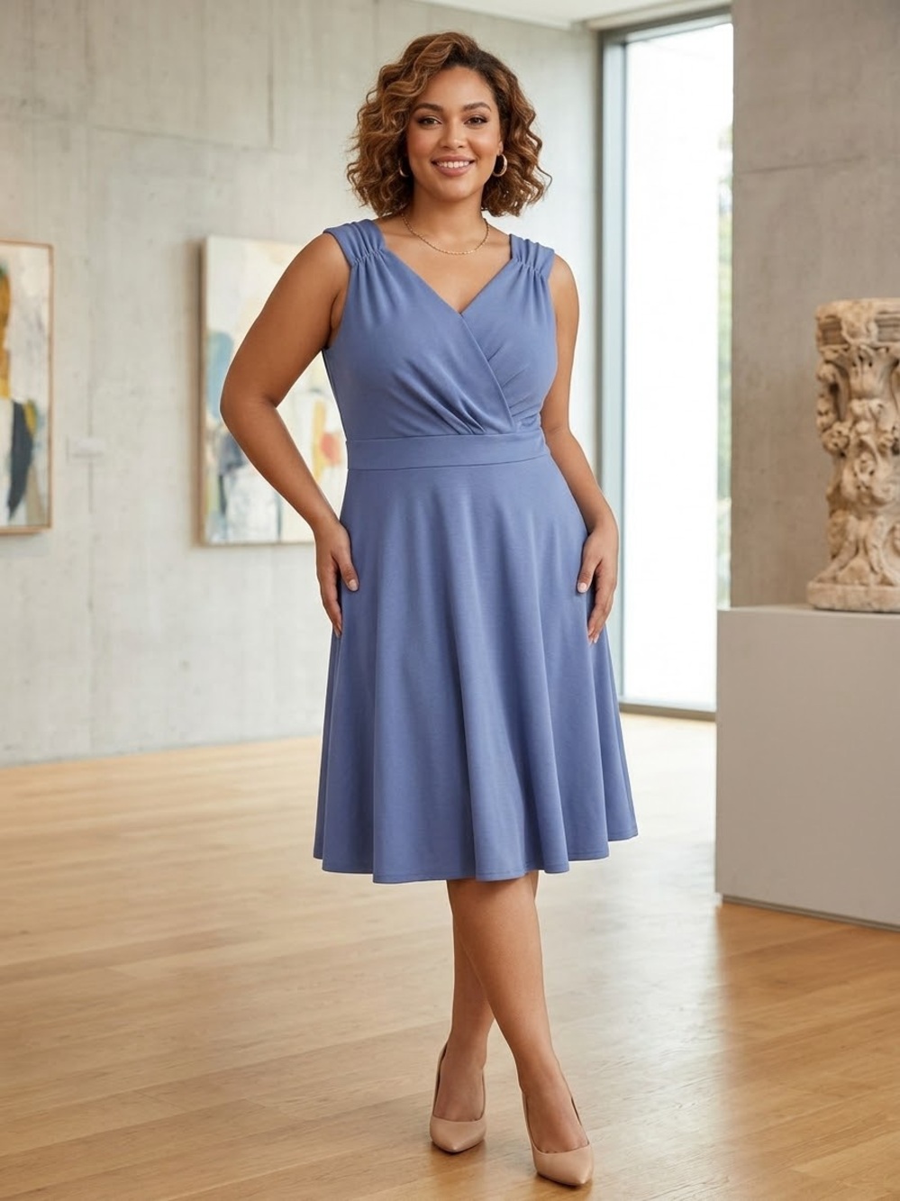 Grace Karin Sleeveless V-Neck A-Line Dress in Dusty Blue